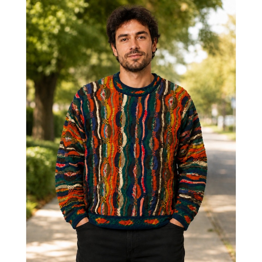 Vintage COOGI Australia Sweater Mens L 3D Knit Mercerised Cotton Multicolor 90s